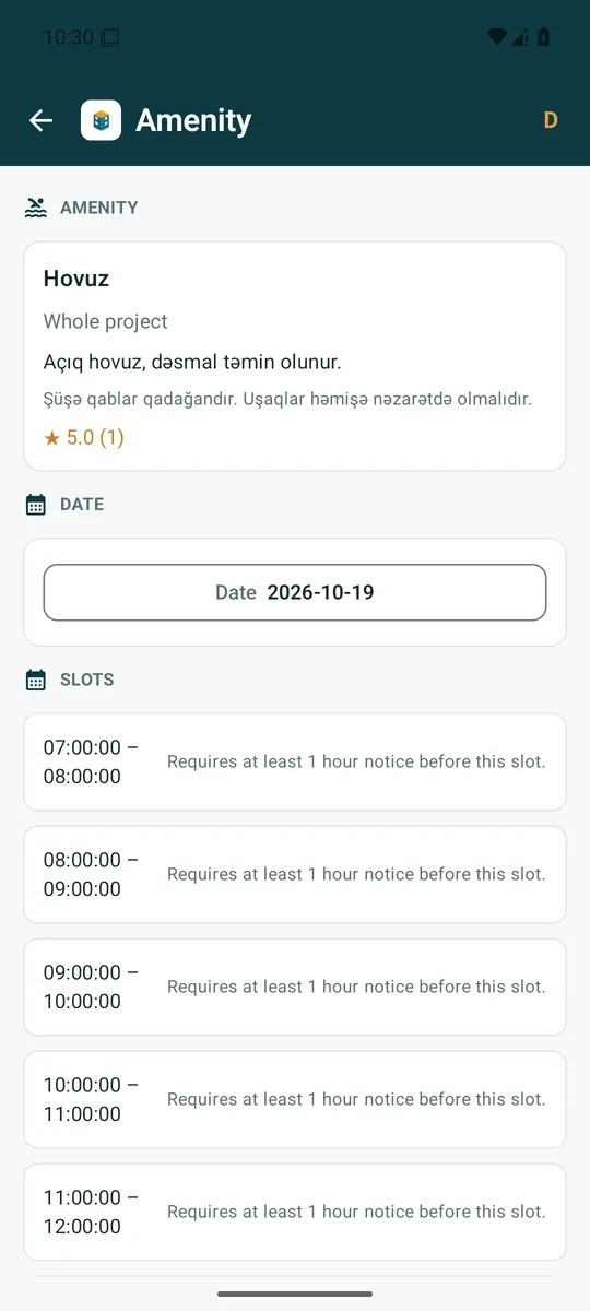 Booking an amenity in the Bina Board mobile app