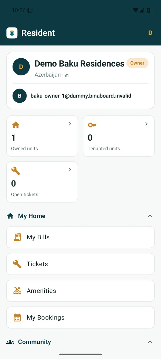 The resident home screen in the Bina Board mobile app