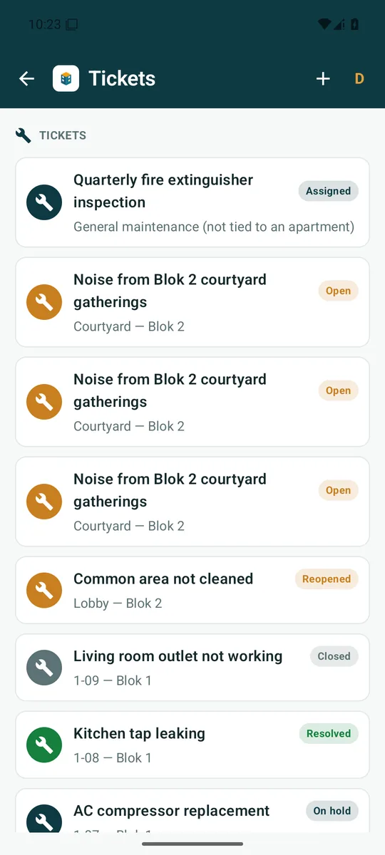 Tickets in the Bina Board mobile app
