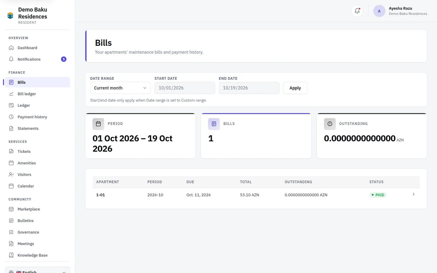 A resident’s bills in Bina Board