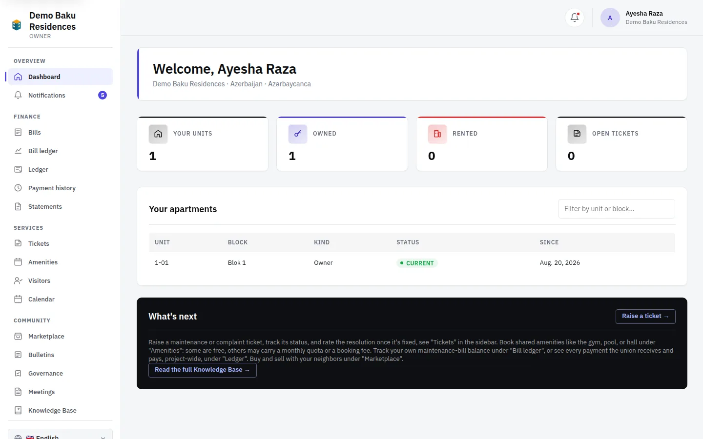 The resident dashboard in Bina Board