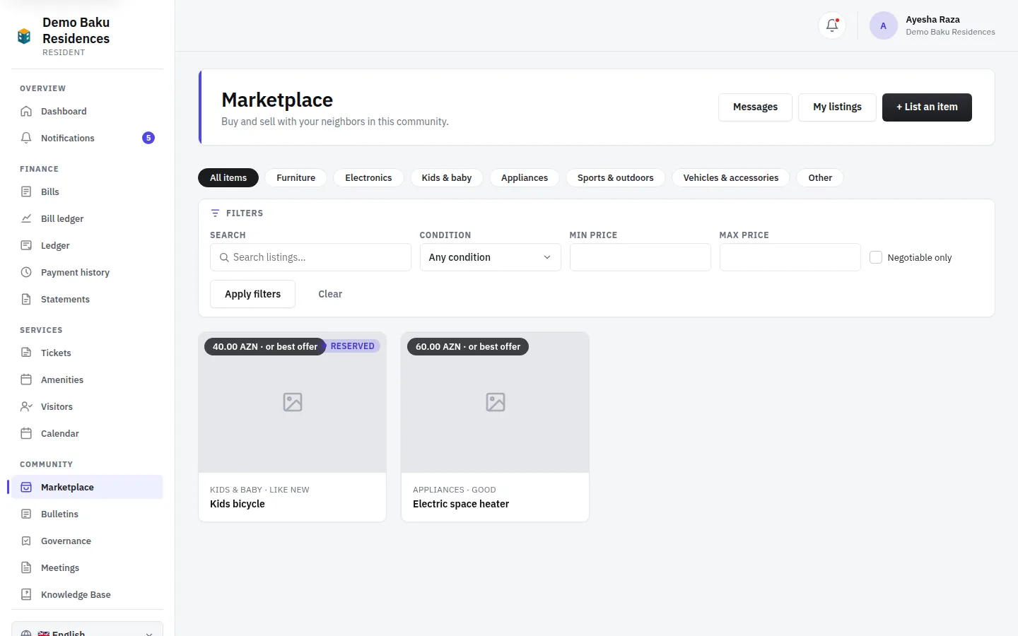 The resident marketplace in Bina Board
