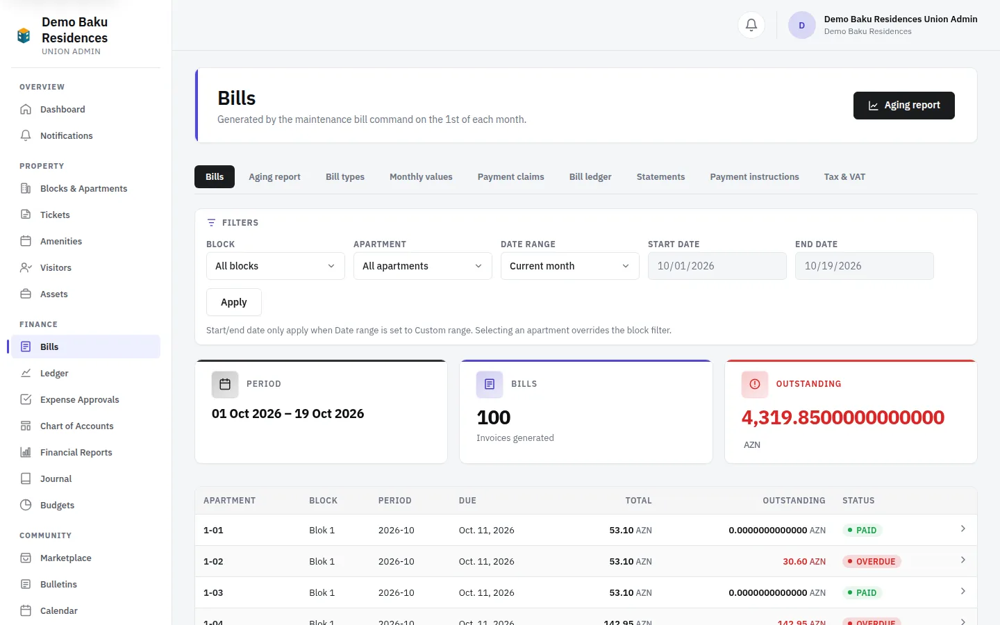 The bills list in the Bina Board union portal
