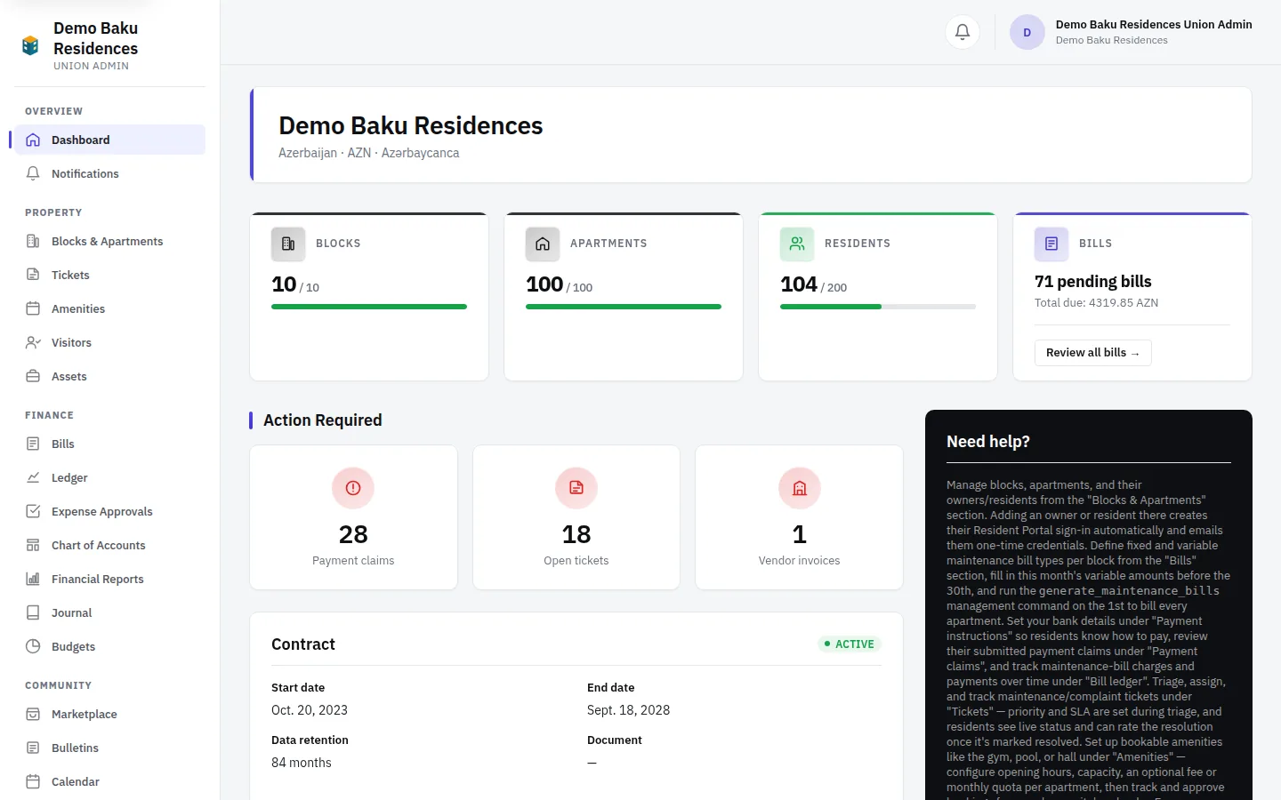 The union admin dashboard in Bina Board