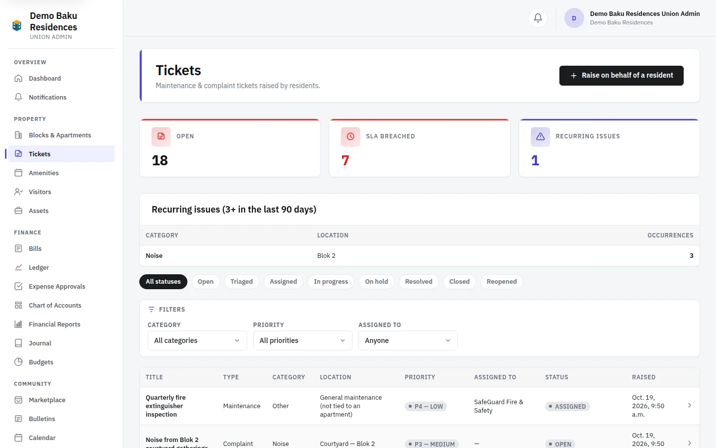 The ticket list in the Bina Board union portal